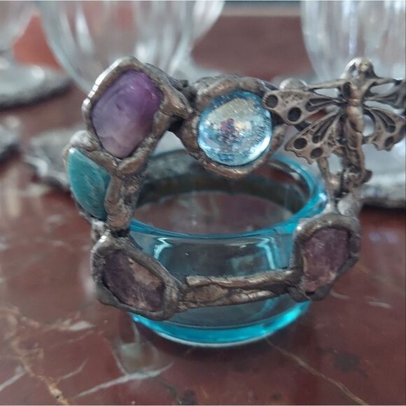 Vtg Handforged Trinket Dish Rustic Semi Precious Stones Fairy Art - Picture 3 of 8
